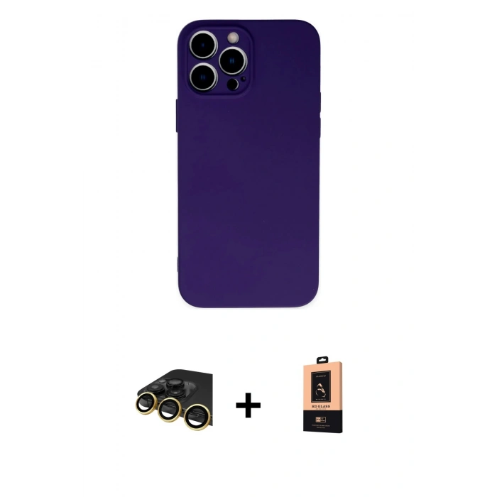 MARSİLYAN™- iPhone 13 Pro Max Kılıf Ahenk Serisi - Şeffaf Maxco Cam Ekran Koruyucu + Raze Metal Kamera Lens - GD