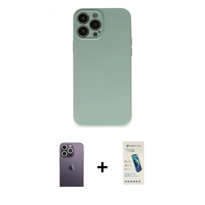 MARSİLYAN™- iPhone 13 Pro Max Kılıf Ahenk Serisi - Şeffaf Pasifik Cam Ekran Koruyucu + Neon Fosforlu Kamera Lens - BZ