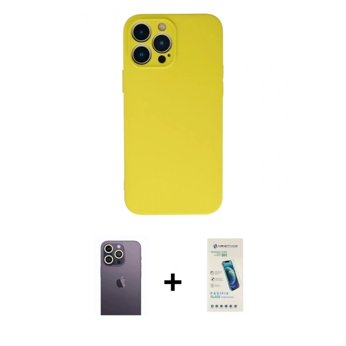 MARSİLYAN™- iPhone 13 Pro Max Kılıf Ahenk Serisi - Şeffaf Pasifik Cam Ekran Koruyucu + Neon Fosforlu Kamera Lens - BZ