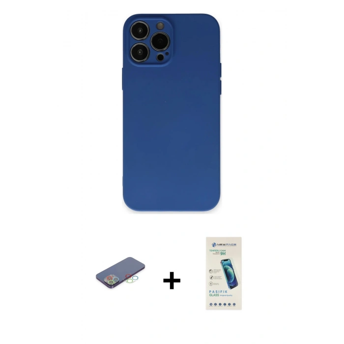 MARSİLYAN™- iPhone 13 Pro Max Kılıf Ahenk Serisi - Şeffaf Pasifik Cam Ekran Koruyucu + Renkli Kamera Lens Koruma Cam - MI