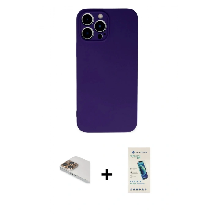 MARSİLYAN™- iPhone 13 Pro Max Kılıf Ahenk Serisi - Şeffaf Pasifik Cam Ekran Koruyucu + Pers Alüminyum Kamera Lens - GD