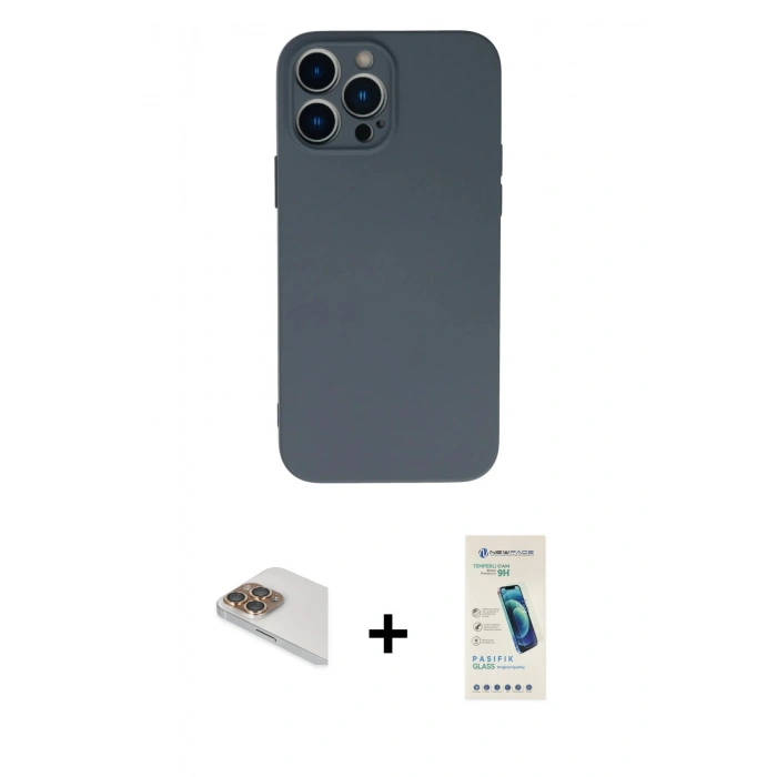 MARSİLYAN™- iPhone 13 Pro Max Kılıf Ahenk Serisi - Şeffaf Pasifik Cam Ekran Koruyucu + Pers Alüminyum Kamera Lens - GD