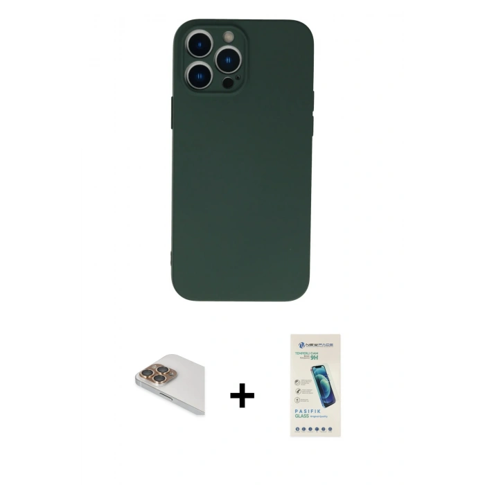 MARSİLYAN™- iPhone 13 Pro Max Kılıf Ahenk Serisi - Şeffaf Pasifik Cam Ekran Koruyucu + Pers Alüminyum Kamera Lens - GD