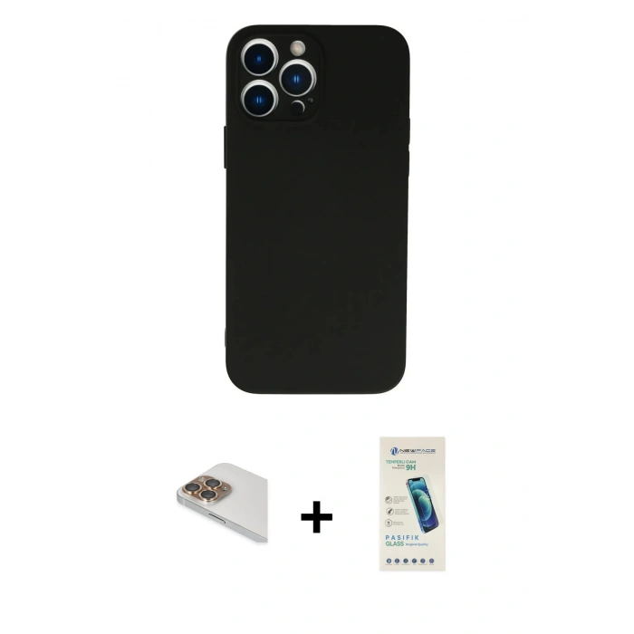 MARSİLYAN™- iPhone 13 Pro Max Kılıf Ahenk Serisi - Şeffaf Pasifik Cam Ekran Koruyucu + Pers Alüminyum Kamera Lens - GD