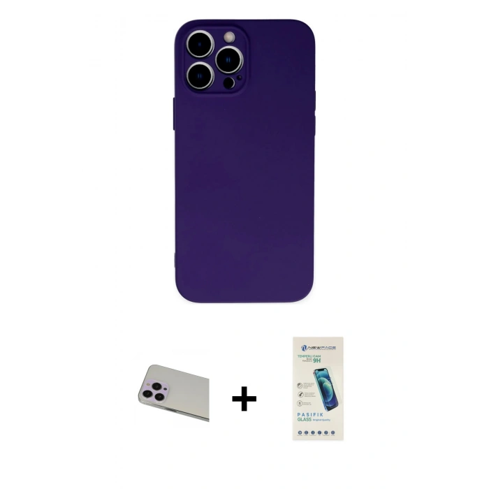 MARSİLYAN™- iPhone 13 Pro Max Kılıf Ahenk Serisi - Şeffaf Pasifik Cam Ekran Koruyucu + Rainbow Kamera Lens Koruma Cam - MR