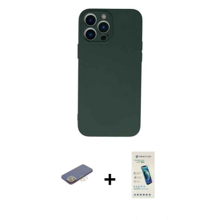 MARSİLYAN™- iPhone 13 Pro Max Kılıf Ahenk Serisi - Şeffaf Pasifik Cam Ekran Koruyucu + Renkli Kamera Lens Koruma Cam - SI