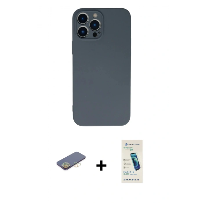 MARSİLYAN™- iPhone 13 Pro Max Kılıf Ahenk Serisi - Şeffaf Pasifik Cam Ekran Koruyucu + Renkli Kamera Lens Koruma Cam - SI