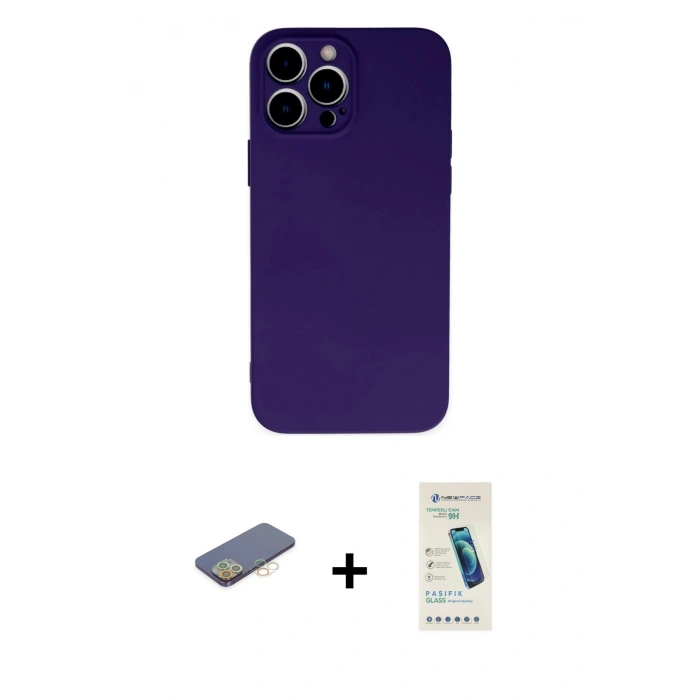 MARSİLYAN™- iPhone 13 Pro Max Kılıf Ahenk Serisi - Şeffaf Pasifik Cam Ekran Koruyucu + Renkli Kamera Lens Koruma Cam - SI