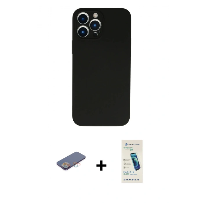 MARSİLYAN™- iPhone 13 Pro Max Kılıf Ahenk Serisi - Şeffaf Pasifik Cam Ekran Koruyucu + Renkli Kamera Lens Koruma Cam - PE