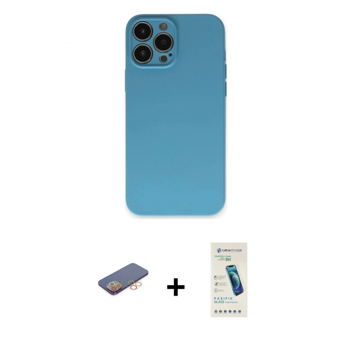 MARSİLYAN™- iPhone 13 Pro Max Kılıf Ahenk Serisi - Şeffaf Pasifik Cam Ekran Koruyucu + Renkli Kamera Lens Koruma Cam - TU
