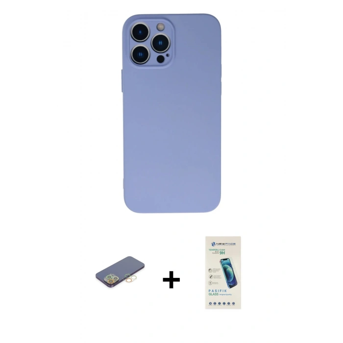 MARSİLYAN™- iPhone 13 Pro Max Kılıf Ahenk Serisi - Şeffaf Pasifik Cam Ekran Koruyucu + Renkli Kamera Lens Koruma Cam - SI