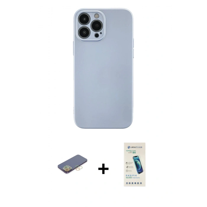 MARSİLYAN™- iPhone 13 Pro Max Kılıf Ahenk Serisi - Şeffaf Pasifik Cam Ekran Koruyucu + Renkli Kamera Lens Koruma Cam - SI