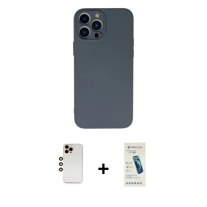 MARSİLYAN™- iPhone 13 Pro Max Kılıf Ahenk Serisi - Şeffaf Pasifik Cam Ekran Koruyucu + Shine Kamera Lens - GD