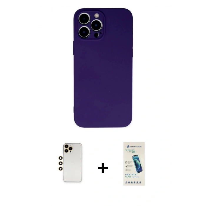 MARSİLYAN™- iPhone 13 Pro Max Kılıf Ahenk Serisi - Şeffaf Pasifik Cam Ekran Koruyucu + Shine Kamera Lens - GD