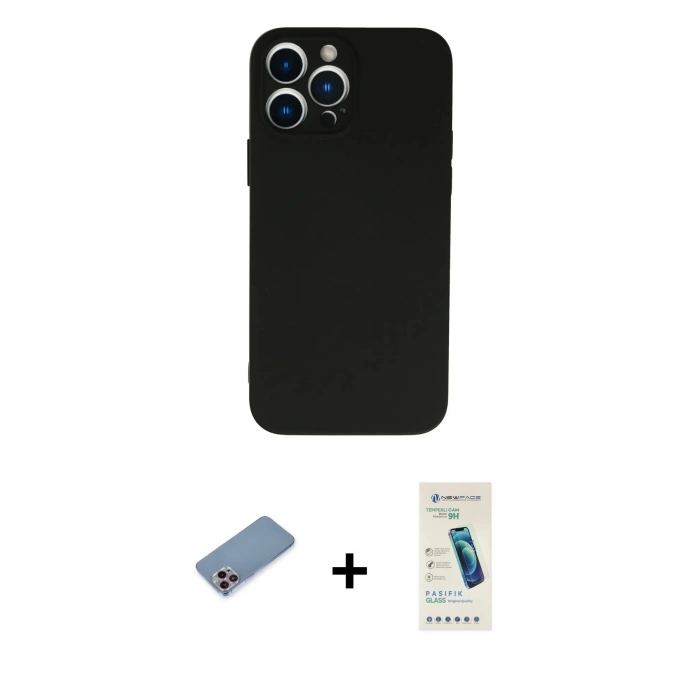MARSİLYAN™- iPhone 13 Pro Max Kılıf Ahenk Serisi - Şeffaf Pasifik Cam Ekran Koruyucu + Shine Kamera Lens Koruma Cam - PE