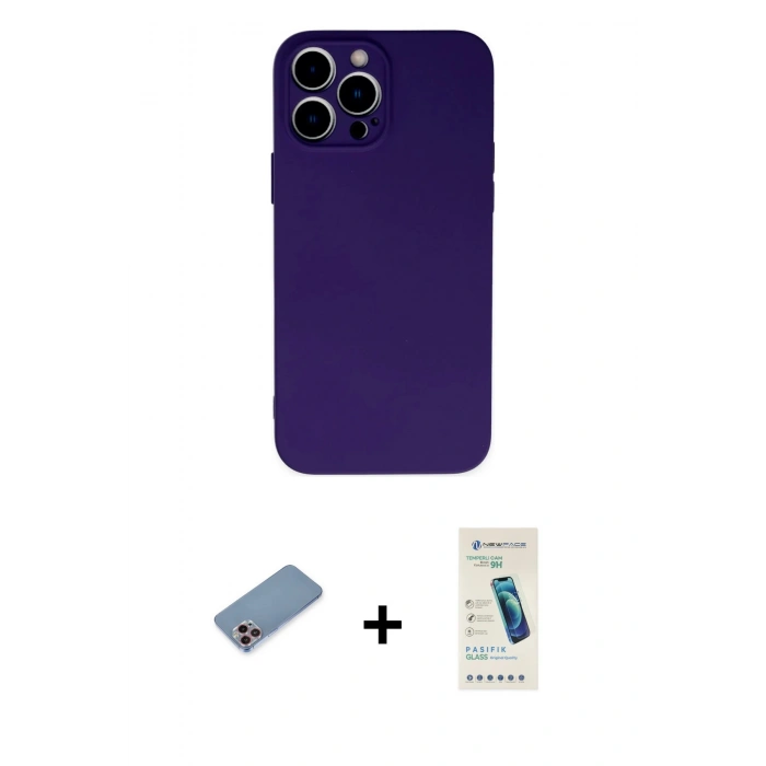 MARSİLYAN™- iPhone 13 Pro Max Kılıf Ahenk Serisi - Şeffaf Pasifik Cam Ekran Koruyucu + Shine Kamera Lens Koruma Cam - PE