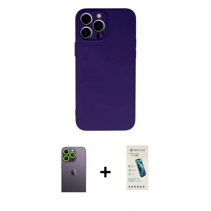 MARSİLYAN™- iPhone 13 Pro Max Kılıf Ahenk Serisi - Şeffaf Pasifik Cam Ekran Koruyucu + Yeşil Neon Fosforlu Kamera Lens
