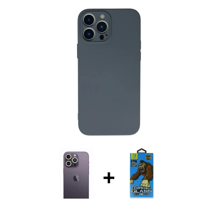 MARSİLYAN™- iPhone 13 Pro Max Kılıf Ahenk Serisi - Siyah 18D Cam Ekran Koruyucu + Neon Fosforlu Kamera Lens - BZ
