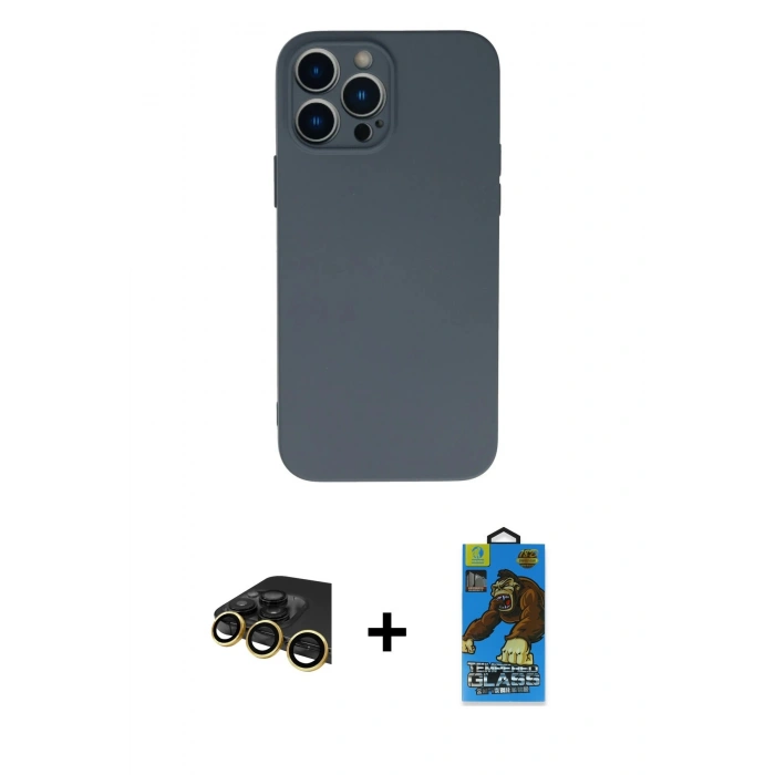MARSİLYAN™- iPhone 13 Pro Max Kılıf Ahenk Serisi - Siyah 18D Cam Ekran Koruyucu + Raze Metal Kamera Lens - GD