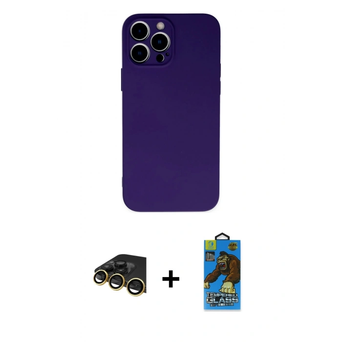 MARSİLYAN™- iPhone 13 Pro Max Kılıf Ahenk Serisi - Siyah 18D Cam Ekran Koruyucu + Raze Metal Kamera Lens - GD