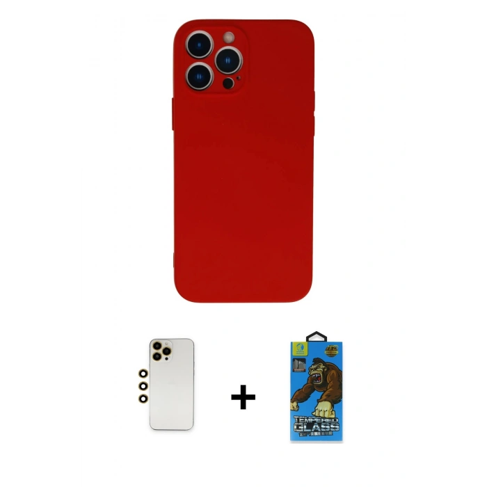 MARSİLYAN™- iPhone 13 Pro Max Kılıf Ahenk Serisi - Siyah 18D Cam Ekran Koruyucu + Gold Shine Kamera Lens