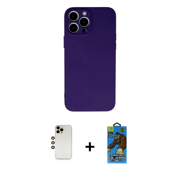MARSİLYAN™- iPhone 13 Pro Max Kılıf Ahenk Serisi - Siyah 18D Cam Ekran Koruyucu + Gold Shine Kamera Lens