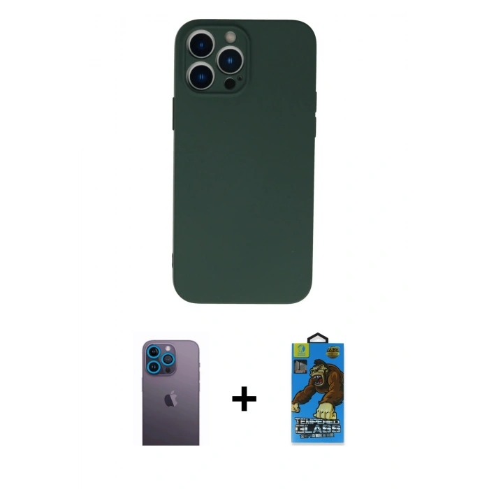 MARSİLYAN™- iPhone 13 Pro Max Kılıf Ahenk Serisi - Siyah 18D Cam Ekran Koruyucu + Neon Fosforlu Kamera Lens - MI
