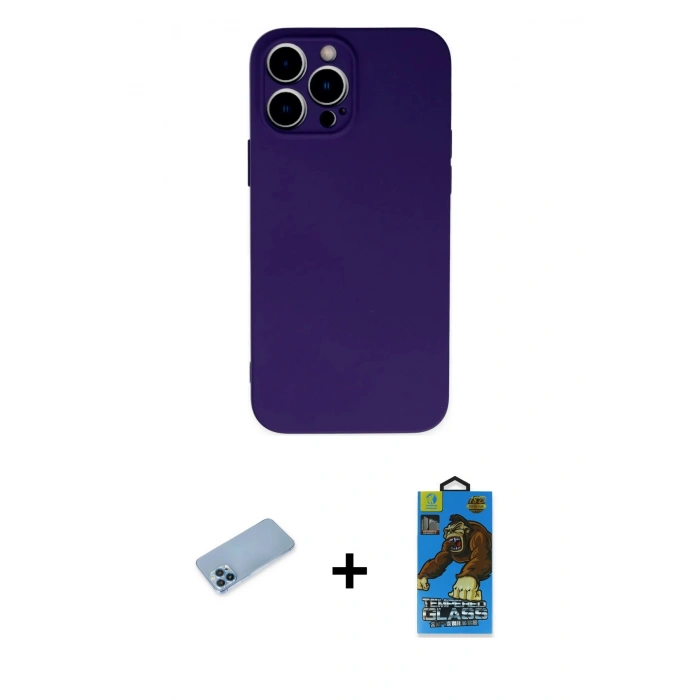 MARSİLYAN™- iPhone 13 Pro Max Kılıf Ahenk Serisi - Siyah 18D Cam Ekran Koruyucu + Shine Kamera Lens Koruma Cam - MI