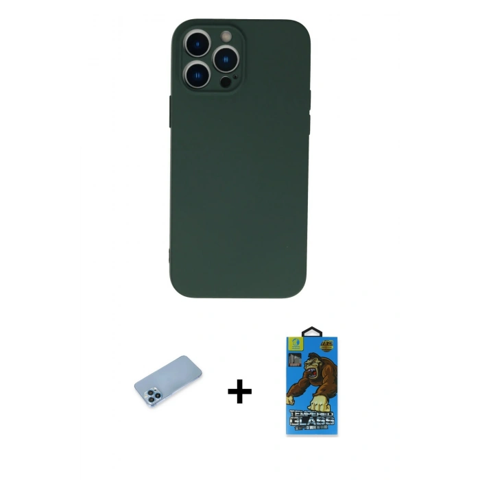 MARSİLYAN™- iPhone 13 Pro Max Kılıf Ahenk Serisi - Siyah 18D Cam Ekran Koruyucu + Shine Kamera Lens Koruma Cam - MI