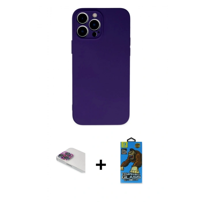 MARSİLYAN™- iPhone 13 Pro Max Kılıf Ahenk Serisi - Siyah 18D Cam Ekran Koruyucu + Pers Alüminyum Kamera Lens - GI