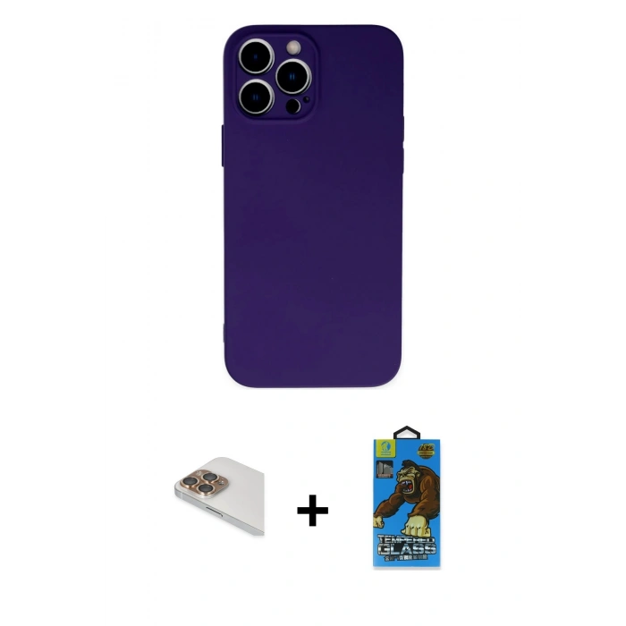 MARSİLYAN™- iPhone 13 Pro Max Kılıf Ahenk Serisi - Siyah 18D Cam Ekran Koruyucu + Pers Alüminyum Kamera Lens - GD