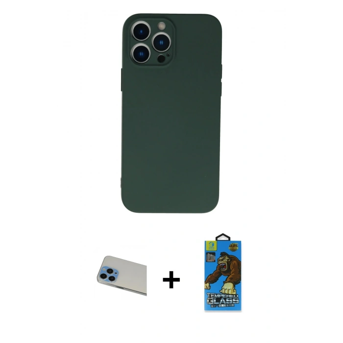 MARSİLYAN™- iPhone 13 Pro Max Kılıf Ahenk Serisi - Siyah 18D Cam Ekran Koruyucu + Rainbow Kamera Lens Koruma Cam - MI