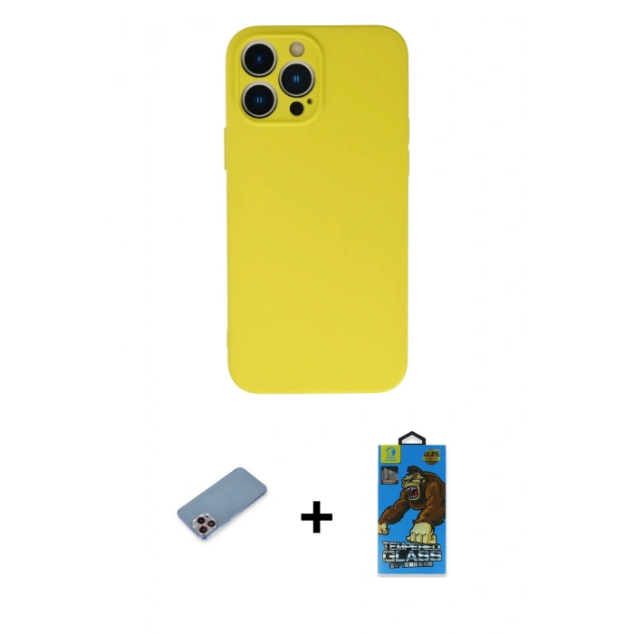 MARSİLYAN™- iPhone 13 Pro Max Kılıf Ahenk Serisi - Siyah 18D Cam Ekran Koruyucu + Shine Kamera Lens Koruma Cam - PE