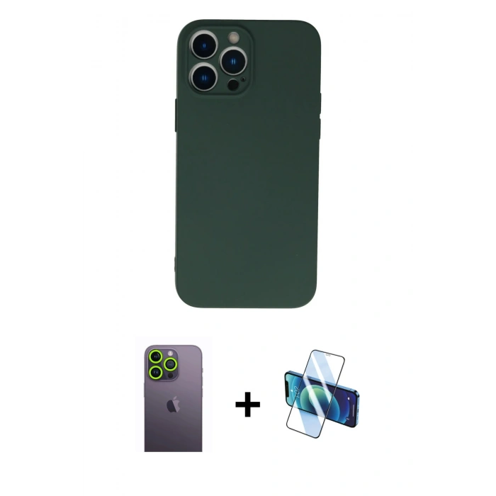 MARSİLYAN™- iPhone 13 Pro Max Kılıf Ahenk Serisi - Siyah 3D Antistatik Cam Ekran Koruyucu + Neon Fosforlu Kamera Lens - YL