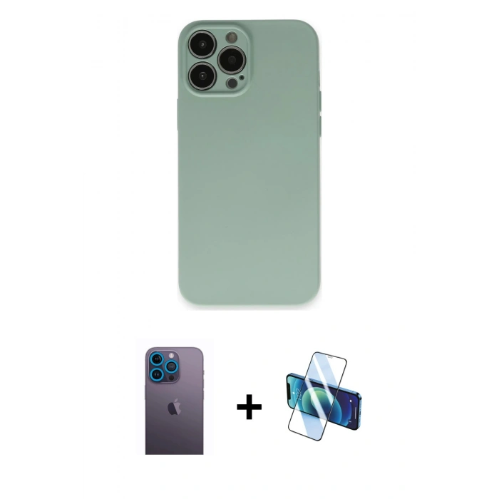 MARSİLYAN™- iPhone 13 Pro Max Kılıf Ahenk Serisi - Siyah 3D Antistatik Cam Ekran Koruyucu + Neon Fosforlu Kamera Lens - MI