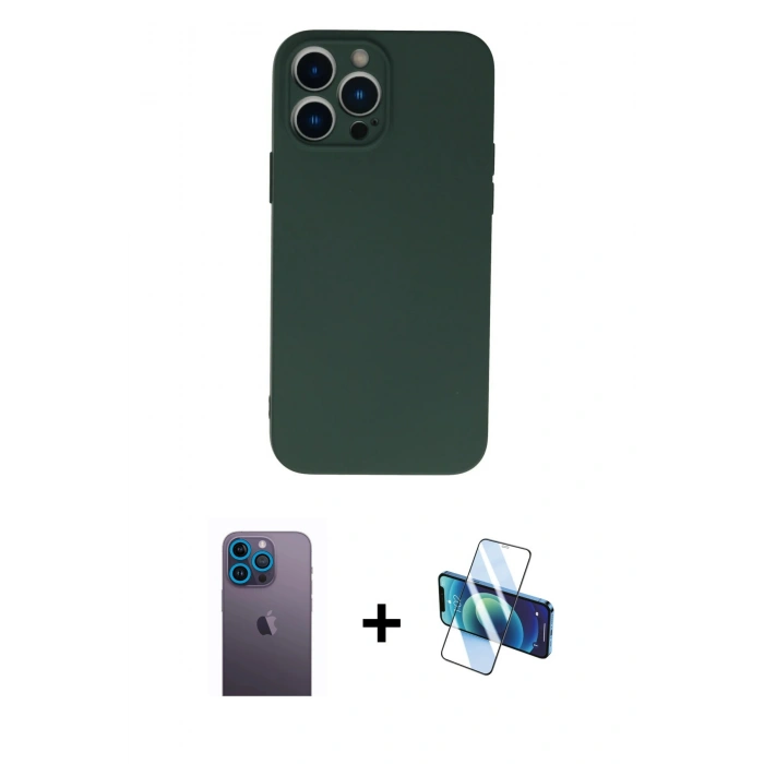 MARSİLYAN™- iPhone 13 Pro Max Kılıf Ahenk Serisi - Siyah 3D Antistatik Cam Ekran Koruyucu + Neon Fosforlu Kamera Lens - MI