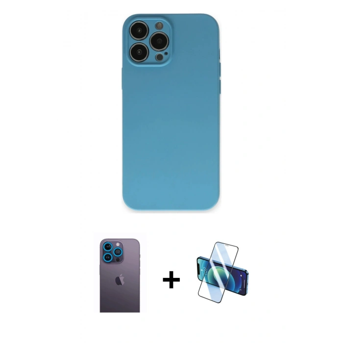 MARSİLYAN™- iPhone 13 Pro Max Kılıf Ahenk Serisi - Siyah 3D Antistatik Cam Ekran Koruyucu + Neon Fosforlu Kamera Lens - MI