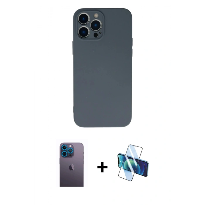 MARSİLYAN™- iPhone 13 Pro Max Kılıf Ahenk Serisi - Siyah 3D Antistatik Cam Ekran Koruyucu + Neon Fosforlu Kamera Lens - MI