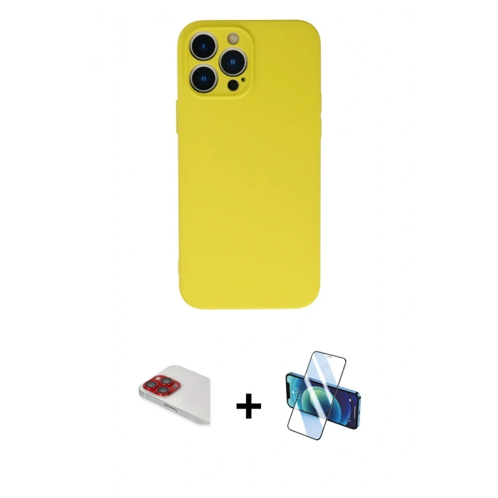 MARSİLYAN™- iPhone 13 Pro Max Kılıf Ahenk Serisi - Siyah 3D Antistatik Cam Ekran Koruyucu + Pers Alüminyum Kamera Lens - KI