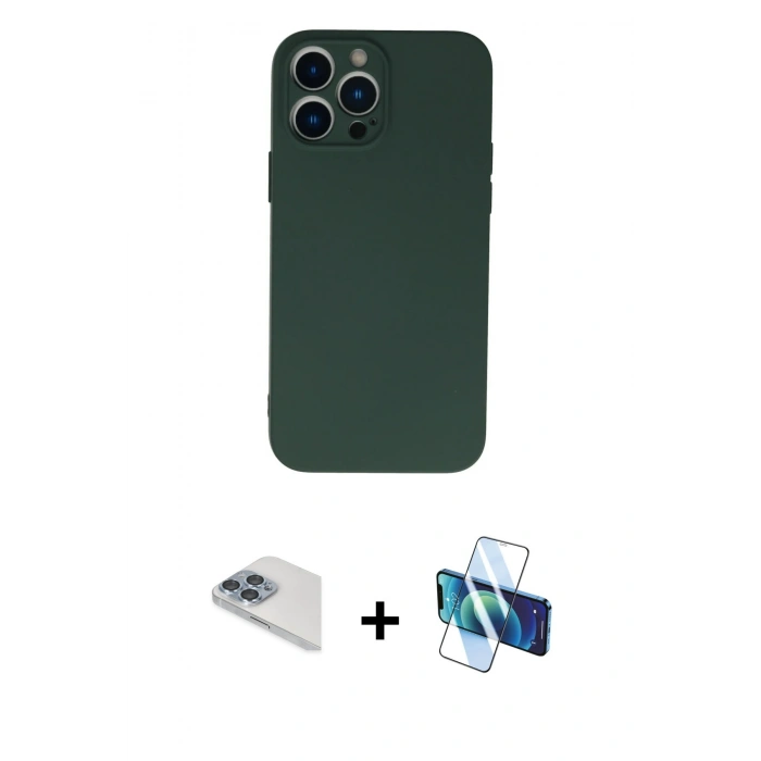 MARSİLYAN™- iPhone 13 Pro Max Kılıf Ahenk Serisi - Siyah 3D Antistatik Cam Ekran Koruyucu + Pers Alüminyum Kamera Lens - SABE
