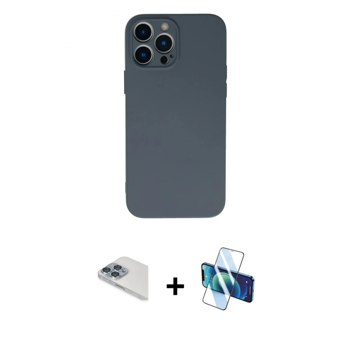 MARSİLYAN™- iPhone 13 Pro Max Kılıf Ahenk Serisi - Siyah 3D Antistatik Cam Ekran Koruyucu + Pers Alüminyum Kamera Lens - SABE