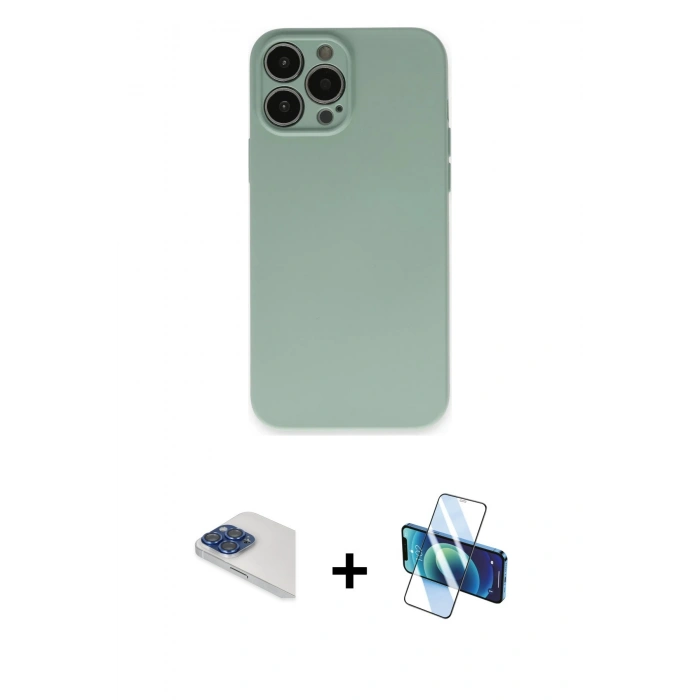 MARSİLYAN™- iPhone 13 Pro Max Kılıf Ahenk Serisi - Siyah 3D Antistatik Cam Ekran Koruyucu + Pers Alüminyum Kamera Lens - LT