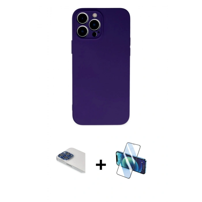MARSİLYAN™- iPhone 13 Pro Max Kılıf Ahenk Serisi - Siyah 3D Antistatik Cam Ekran Koruyucu + Pers Alüminyum Kamera Lens - LT
