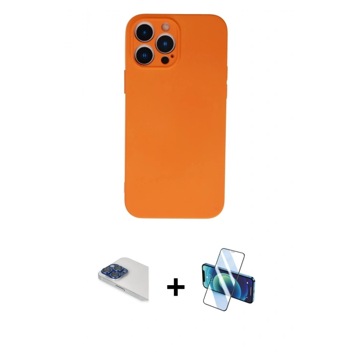 MARSİLYAN™- iPhone 13 Pro Max Kılıf Ahenk Serisi - Siyah 3D Antistatik Cam Ekran Koruyucu + Pers Alüminyum Kamera Lens - LT