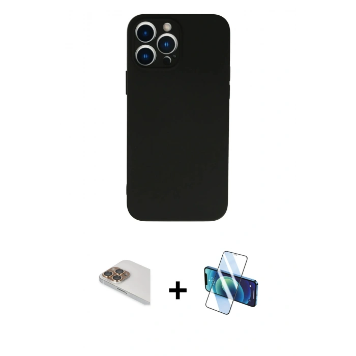 MARSİLYAN™- iPhone 13 Pro Max Kılıf Ahenk Serisi - Siyah 3D Antistatik Cam Ekran Koruyucu + Pers Alüminyum Kamera Lens - GD