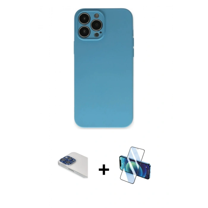 MARSİLYAN™- iPhone 13 Pro Max Kılıf Ahenk Serisi - Siyah 3D Antistatik Cam Ekran Koruyucu + Pers Alüminyum Kamera Lens - LT