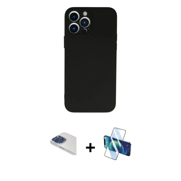 MARSİLYAN™- iPhone 13 Pro Max Kılıf Ahenk Serisi - Siyah 3D Antistatik Cam Ekran Koruyucu + Pers Alüminyum Kamera Lens - LT