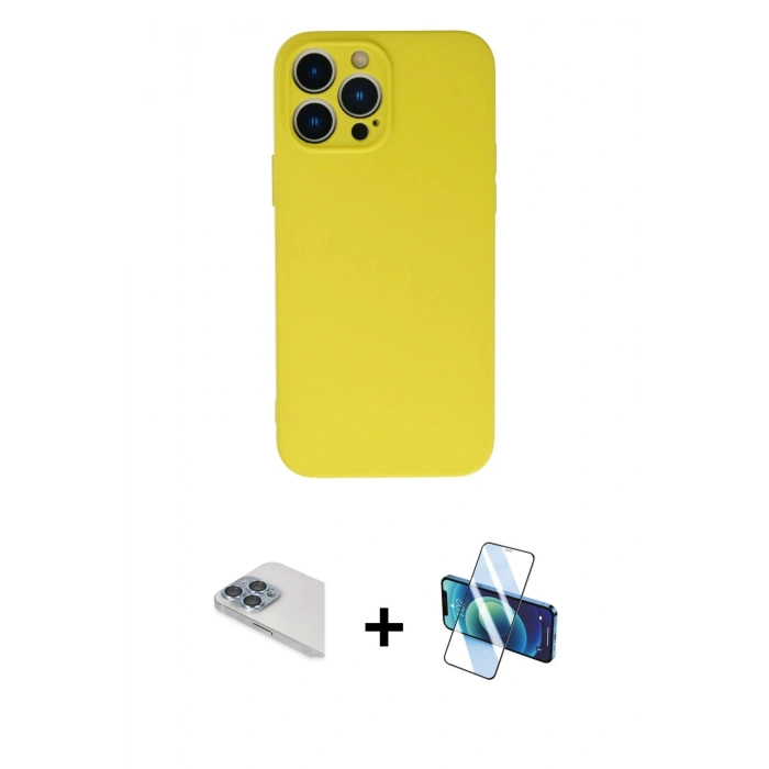 MARSİLYAN™- iPhone 13 Pro Max Kılıf Ahenk Serisi - Siyah 3D Antistatik Cam Ekran Koruyucu + Pers Alüminyum Kamera Lens - SABE