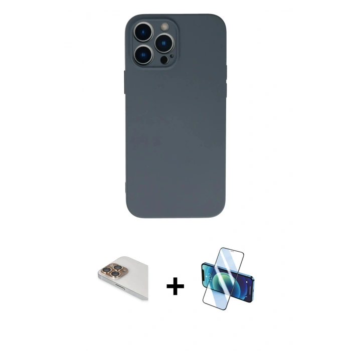 MARSİLYAN™- iPhone 13 Pro Max Kılıf Ahenk Serisi - Siyah 3D Antistatik Cam Ekran Koruyucu + Pers Alüminyum Kamera Lens - GD