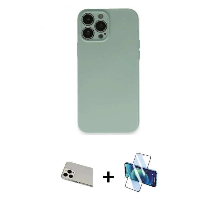 MARSİLYAN™- iPhone 13 Pro Max Kılıf Ahenk Serisi - Siyah 3D Antistatik Cam Ekran Koruyucu + Rainbow Kamera Lens Koruma Cam - BZ